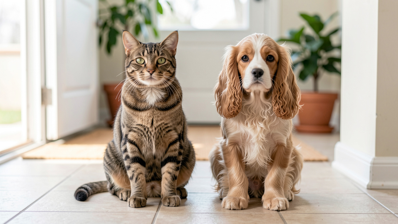 Chat tigré et jeune chien côte à côte dans une entrée lumineuse
