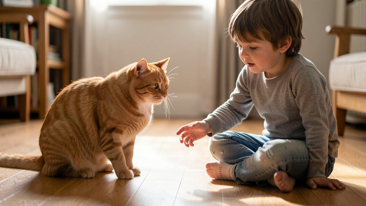 Enfant tendant la main vers un chat roux qui s'approche