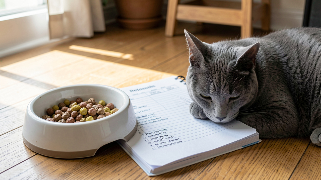 Carnet de santé près d'une gamelle et d'un chat gris