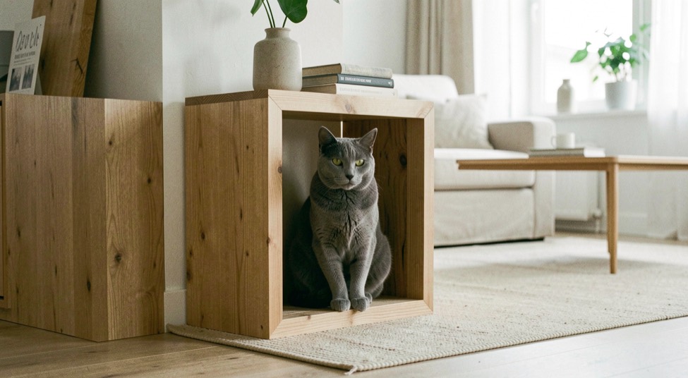 Chat gris assis dans une niche en bois au milieu d'un salon minimal et accueillant